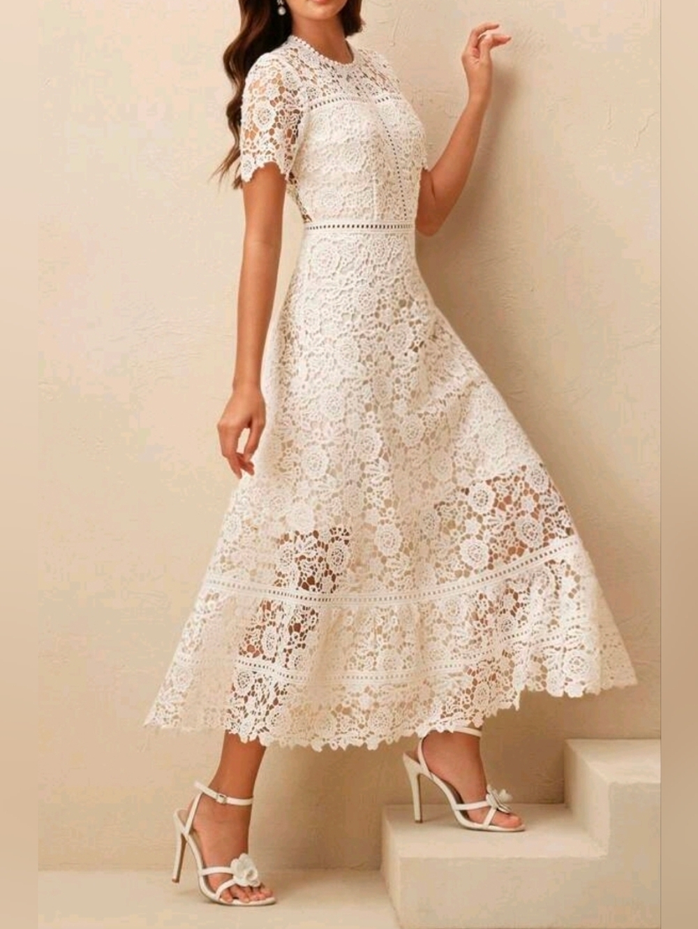 New Embroidered Floral Lace Ruffle Hem Midi Dress Short Sleeve Cream Ivory